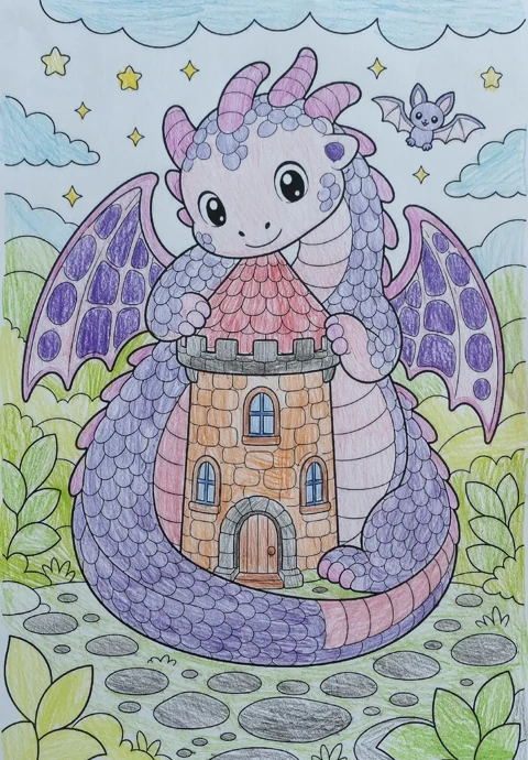 A friendly dragon colored by hand