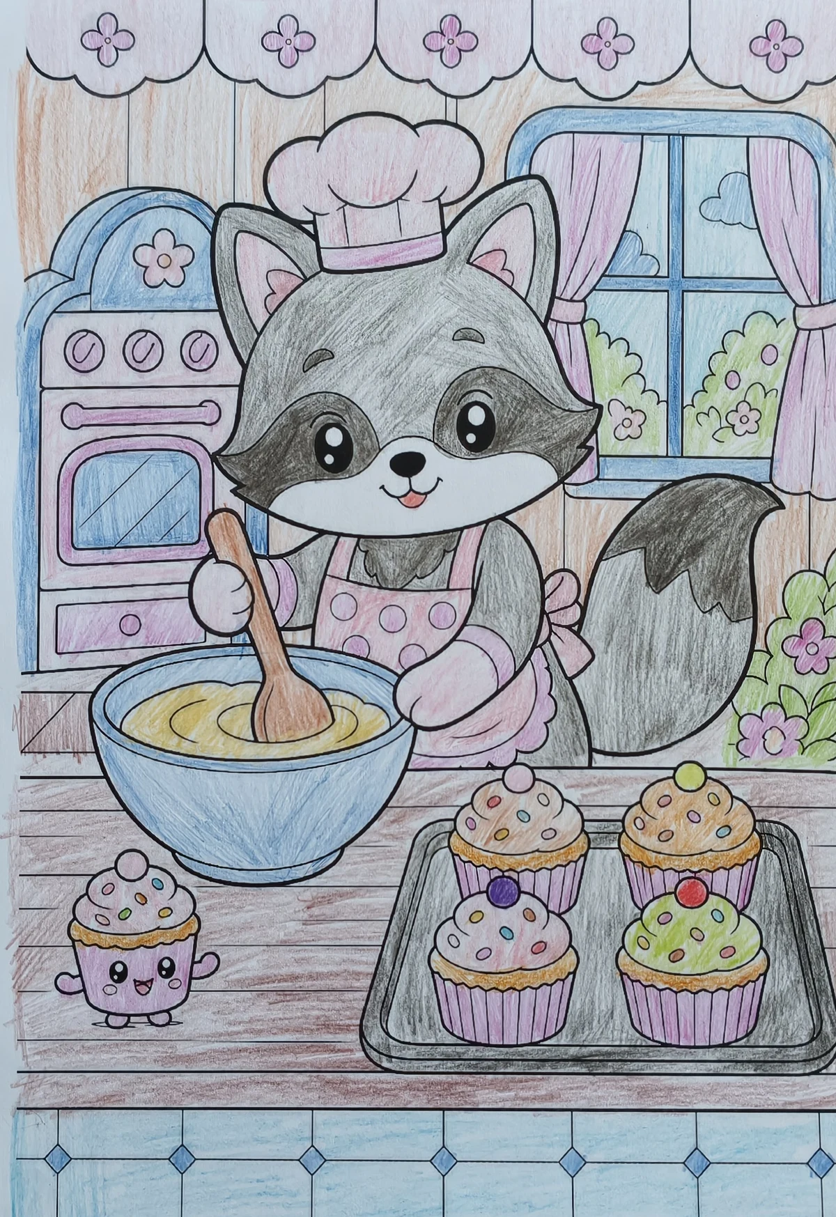 A raccoon coloring page filled in by hand with colored pencils