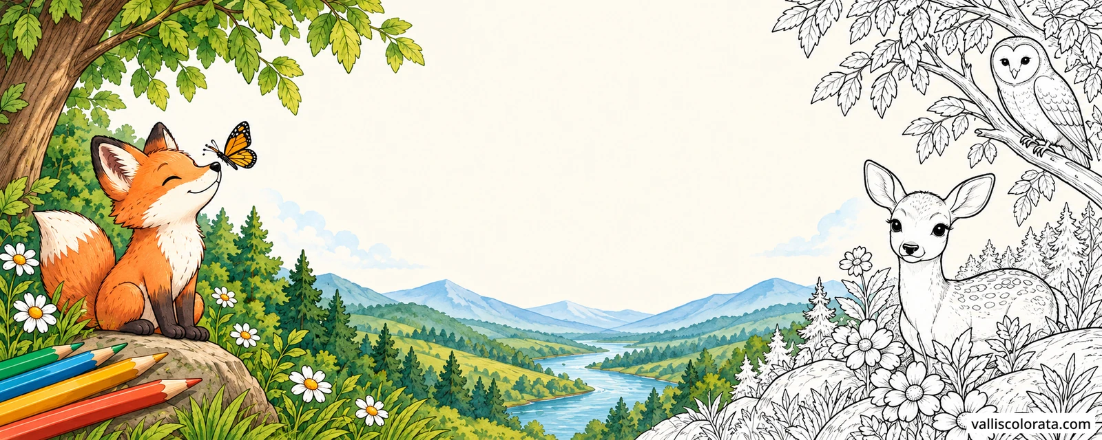 Woodland illustration with a colored fox and river valley transitioning into uncolored deer, owl and flowers