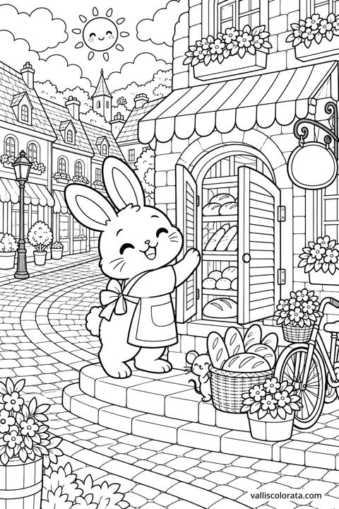 Rabbit Opens the Bakery. A free Kawaii L2 coloring page from the Cozy Little Town series, with a detailed scene to color. Download an A4 PDF or branded PNG.