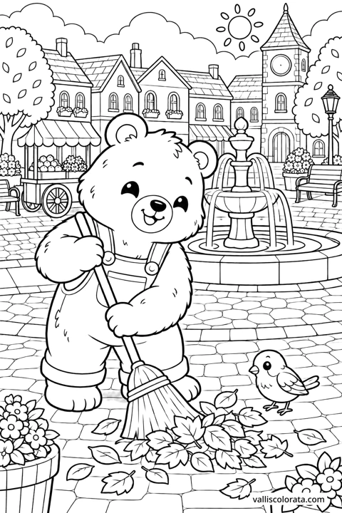 Bear Sweeps the Town Square. A free Kawaii L2 coloring page from the Cozy Little Town series, with a detailed scene to color. Download an A4 PDF or branded PNG.
