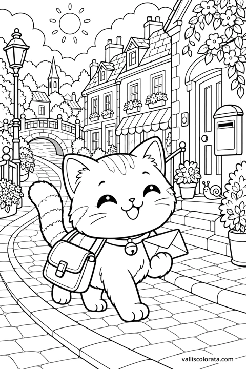 Cat on the Morning Post Round. A free Kawaii L2 coloring page from the Cozy Little Town series, with a detailed scene to color. Download an A4 PDF or branded PNG.