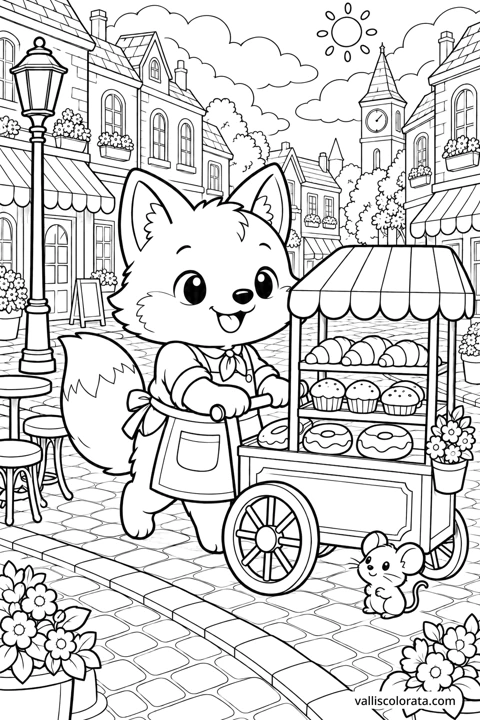Fox with the Breakfast Cart. A free Kawaii L2 coloring page from the Cozy Little Town series, with a detailed scene to color. Download an A4 PDF or branded PNG.