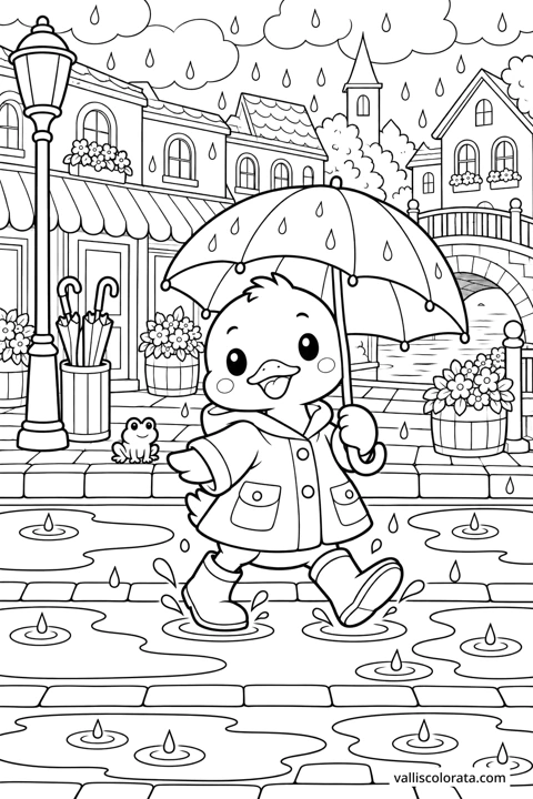 Duckling at the Rainy Crossing. A free Kawaii L2 coloring page from the Cozy Little Town series, with a detailed scene to color. Download an A4 PDF or branded PNG.