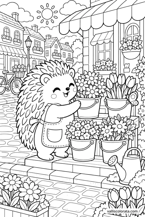 Hedgehog at the Flower Stand. A free Kawaii L2 coloring page from the Cozy Little Town series, with a detailed scene to color. Download an A4 PDF or branded PNG.