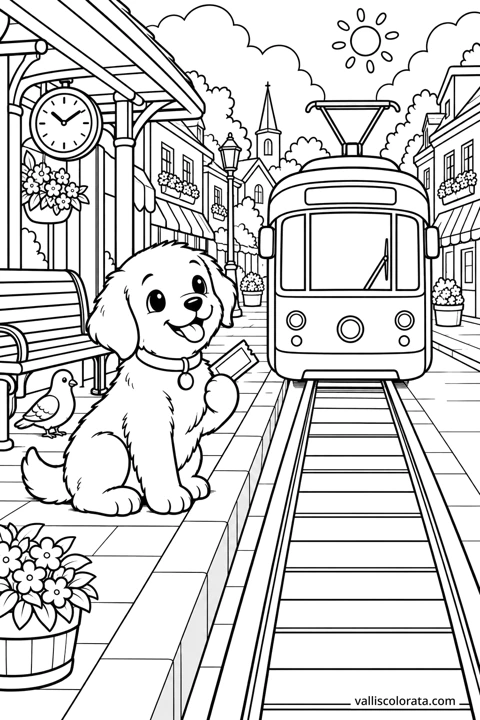 Puppy at the Tram Stop. A free Kawaii L2 coloring page from the Cozy Little Town series, with a detailed scene to color. Download an A4 PDF or branded PNG.