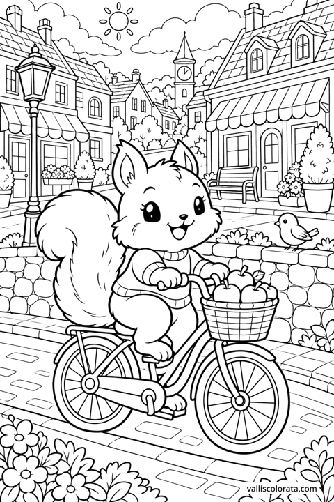 Squirrel's Bicycle Ride. A free Kawaii L2 coloring page from the Cozy Little Town series, with a detailed scene to color. Download an A4 PDF or branded PNG.