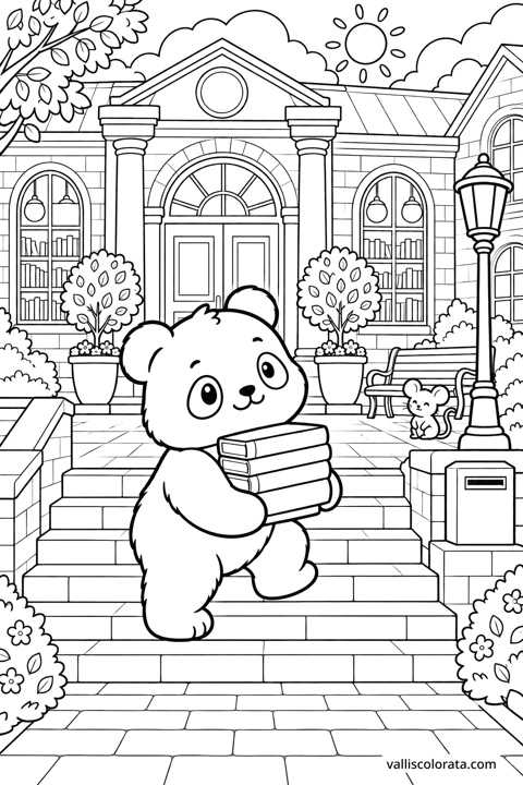 Panda on the Library Steps. A free Kawaii L2 coloring page from the Cozy Little Town series, with a detailed scene to color. Download an A4 PDF or branded PNG.