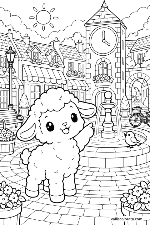 Lamb Beneath the Clock Tower. A free Kawaii L2 coloring page from the Cozy Little Town series, with a detailed scene to color. Download an A4 PDF or branded PNG.