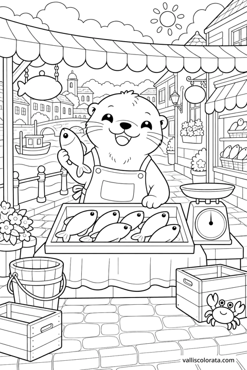 Otter at the Fishmonger's Stall. A free Kawaii L2 coloring page from the Cozy Little Town series, with a detailed scene to color. Download an A4 PDF or branded PNG.