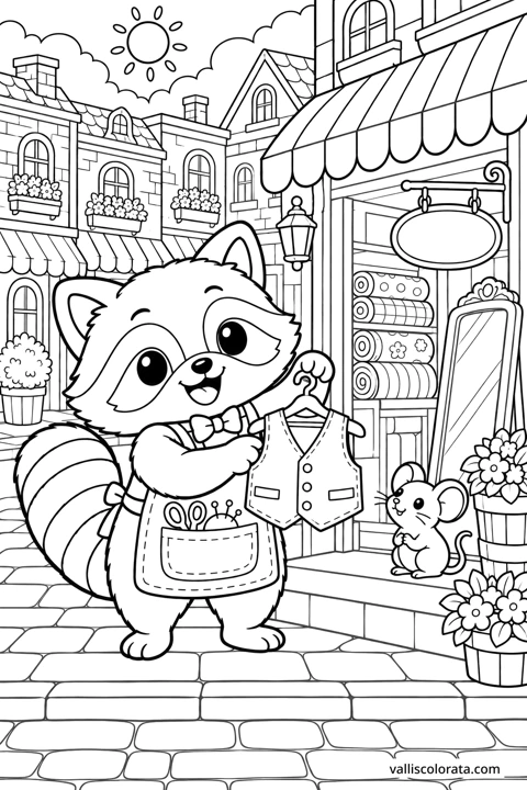 Raccoon at the Tailor's Window. A free Kawaii L2 coloring page from the Cozy Little Town series, with a detailed scene to color. Download an A4 PDF or branded PNG.