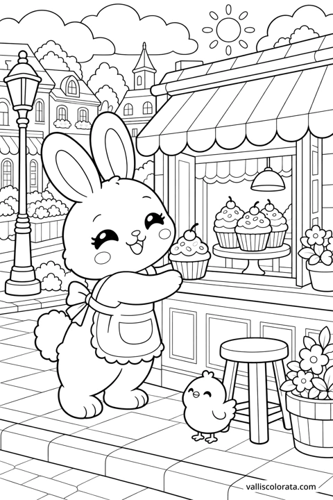 Bunny at the Cupcake Window. A free Kawaii L2 coloring page from the Cozy Little Town series, with a detailed scene to color. Download an A4 PDF or branded PNG.