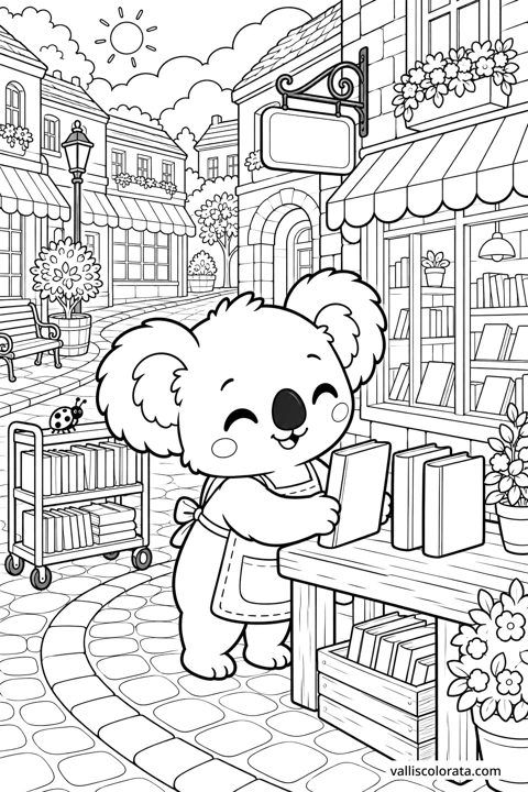 Koala at the Bookshop Display. A free Kawaii L2 coloring page from the Cozy Little Town series, with a detailed scene to color. Download an A4 PDF or branded PNG.