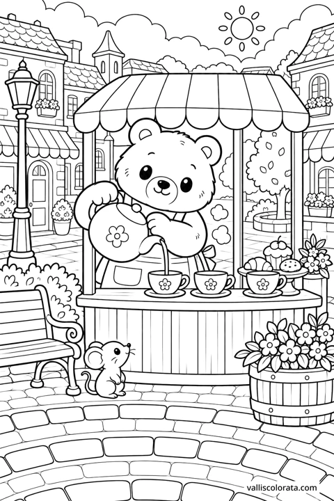 Bear at the Tea Kiosk. A free Kawaii L2 coloring page from the Cozy Little Town series, with a detailed scene to color. Download an A4 PDF or branded PNG.