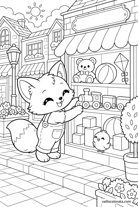 Fox at the Toy Shop. A free Kawaii L2 coloring page from the Cozy Little Town series, with a detailed scene to color. Download an A4 PDF or branded PNG.