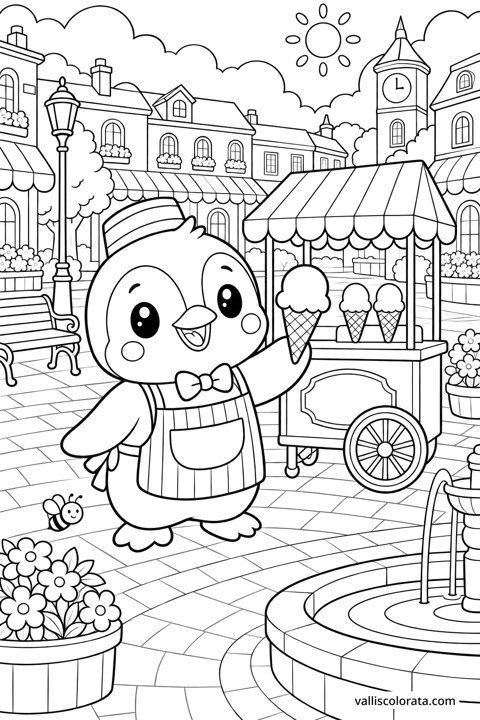 Penguin with the Ice Cream Cart. A free Kawaii L2 coloring page from the Cozy Little Town series, with a detailed scene to color. Download an A4 PDF or branded PNG.