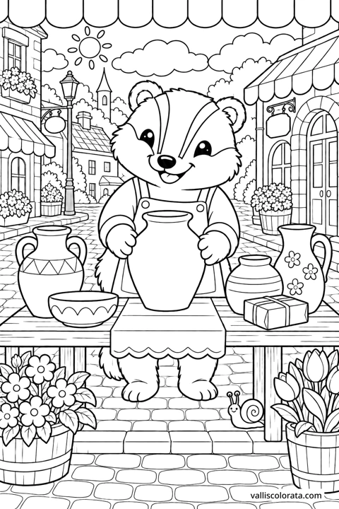 Badger at the Pottery Stall. A free Kawaii L2 coloring page from the Cozy Little Town series, with a detailed scene to color. Download an A4 PDF or branded PNG.