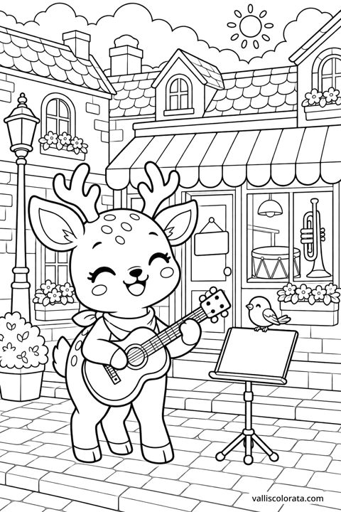 Deer at the Music Shop. A free Kawaii L2 coloring page from the Cozy Little Town series, with a detailed scene to color. Download an A4 PDF or branded PNG.