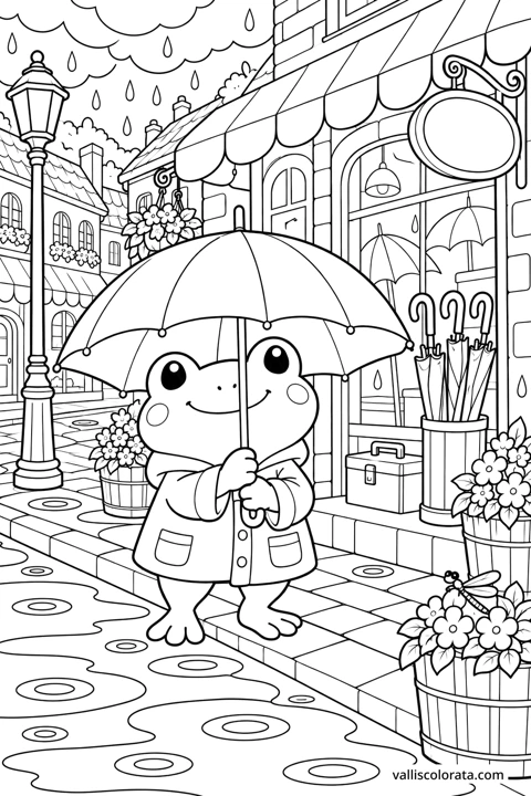 Frog at the Umbrella Shop. A free Kawaii L2 coloring page from the Cozy Little Town series, with a detailed scene to color. Download an A4 PDF or branded PNG.