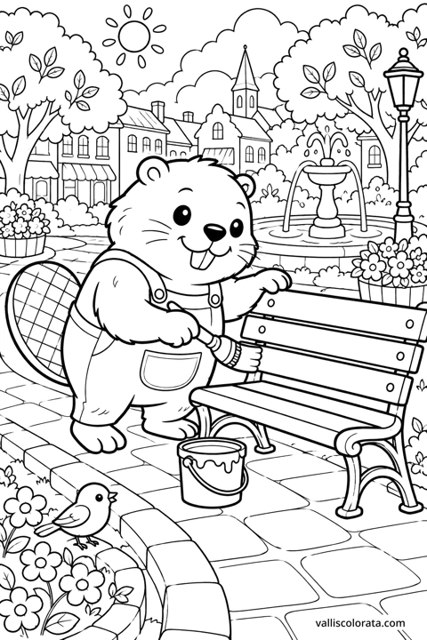 Beaver Paints the Park Bench. A free Kawaii L2 coloring page from the Cozy Little Town series, with a detailed scene to color. Download an A4 PDF or branded PNG.