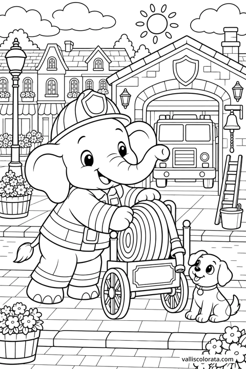 Elephant at the Fire Station. A free Kawaii L2 coloring page from the Cozy Little Town series, with a detailed scene to color. Download an A4 PDF or branded PNG.