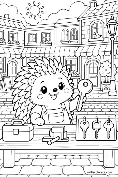 Hedgehog at the Key Maker's Bench. A free Kawaii L2 coloring page from the Cozy Little Town series, with a detailed scene to color. Download an A4 PDF or branded PNG.