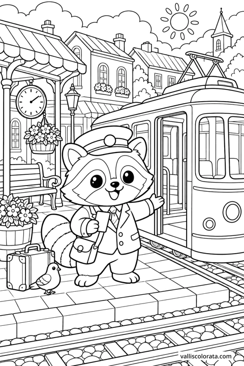 Raccoon the Tram Conductor. A free Kawaii L2 coloring page from the Cozy Little Town series, with a detailed scene to color. Download an A4 PDF or branded PNG.