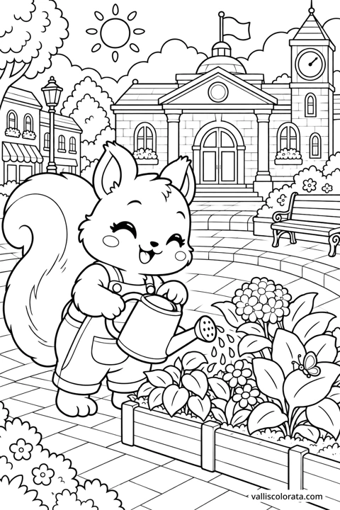 Squirrel at the Community Planters. A free Kawaii L2 coloring page from the Cozy Little Town series, with a detailed scene to color. Download an A4 PDF or branded PNG.