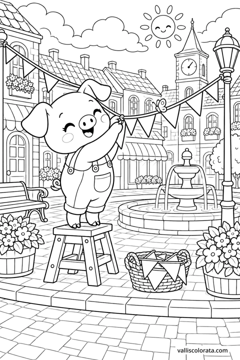 Piglet Hangs the Town Bunting. A free Kawaii L2 coloring page from the Cozy Little Town series, with a detailed scene to color. Download an A4 PDF or branded PNG.