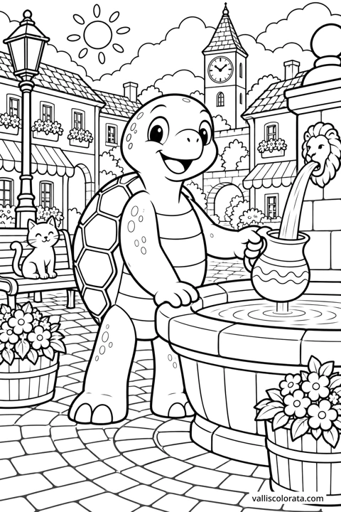 Tortoise at the Town Fountain. A free Kawaii L2 coloring page from the Cozy Little Town series, with a detailed scene to color. Download an A4 PDF or branded PNG.