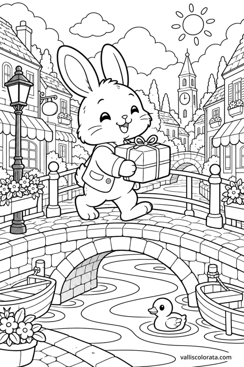 Rabbit Delivers a Bridge Parcel. A free Kawaii L2 coloring page from the Cozy Little Town series, with a detailed scene to color. Download an A4 PDF or branded PNG.