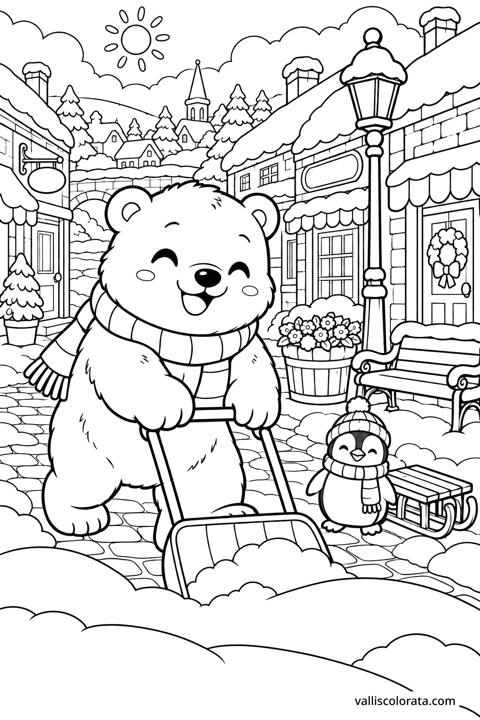 Polar Bear Clears the Snowy Lane. A free Kawaii L2 coloring page from the Cozy Little Town series, with a detailed scene to color. Download an A4 PDF or branded PNG.