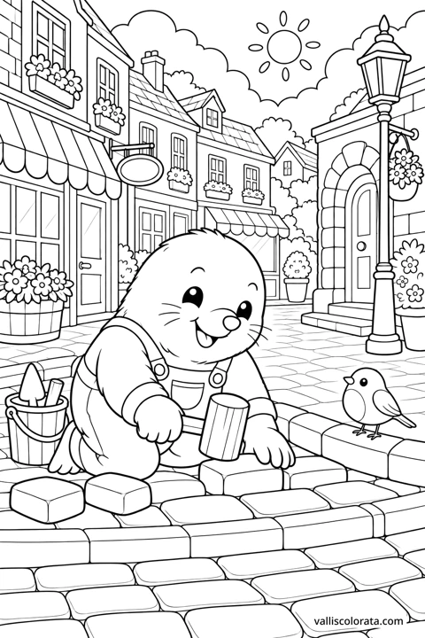 Mole Repairs the Cobblestones. A free Kawaii L2 coloring page from the Cozy Little Town series, with a detailed scene to color. Download an A4 PDF or branded PNG.