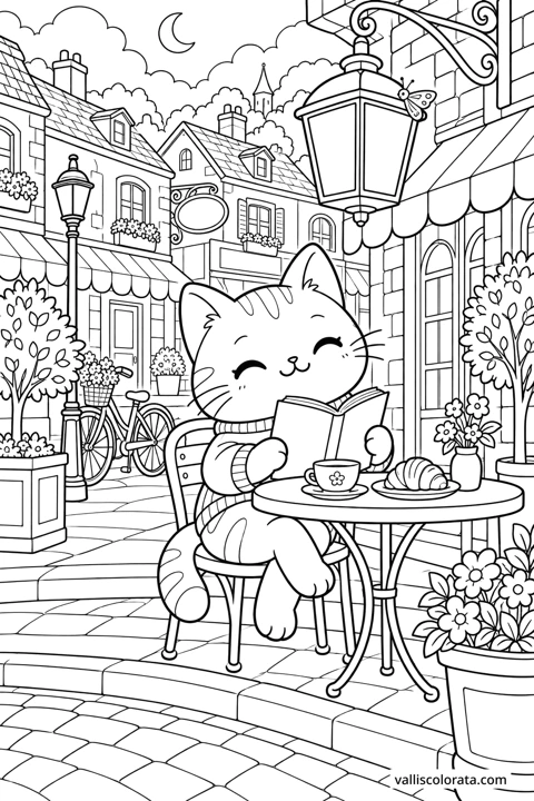 Cat at the Lantern Café. A free Kawaii L2 coloring page from the Cozy Little Town series, with a detailed scene to color. Download an A4 PDF or branded PNG.