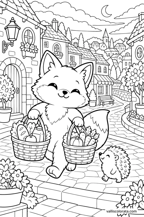 Fox Brings Home the Groceries. A free Kawaii L2 coloring page from the Cozy Little Town series, with a detailed scene to color. Download an A4 PDF or branded PNG.