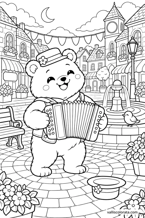 Bear Plays in the Town Square. A free Kawaii L2 coloring page from the Cozy Little Town series, with a detailed scene to color. Download an A4 PDF or branded PNG.