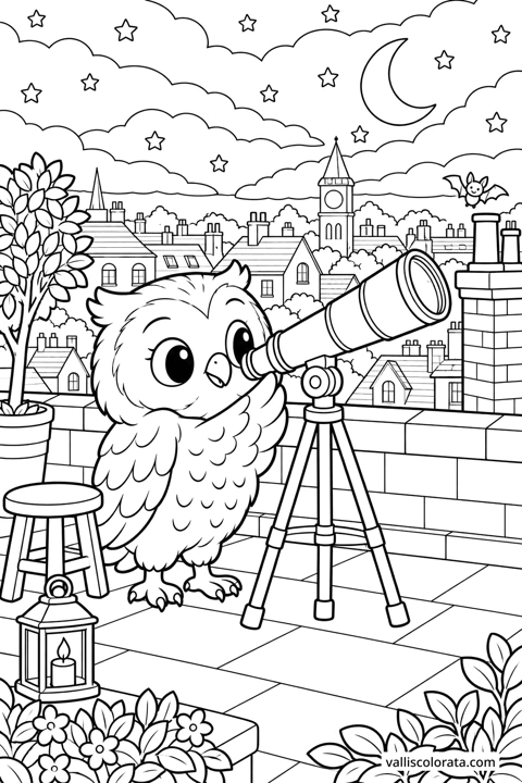 Owl with the Rooftop Telescope. A free Kawaii L2 coloring page from the Cozy Little Town series, with a detailed scene to color. Download an A4 PDF or branded PNG.