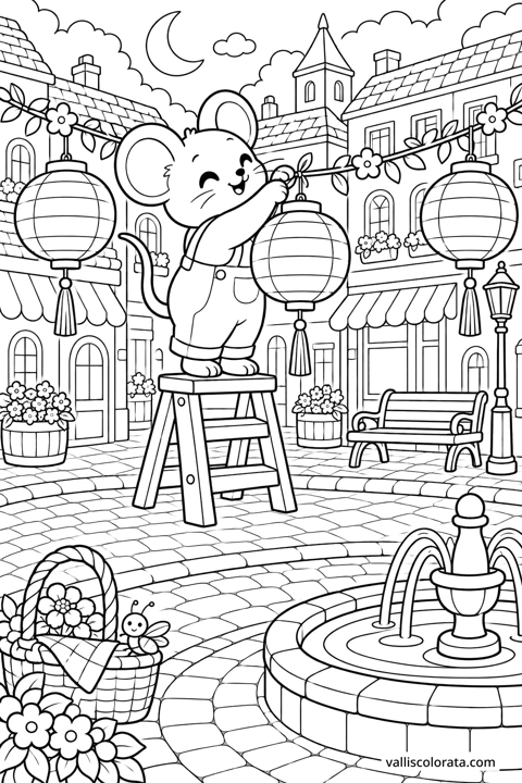 Mouse Hangs Paper Lanterns. A free Kawaii L2 coloring page from the Cozy Little Town series, with a detailed scene to color. Download an A4 PDF or branded PNG.