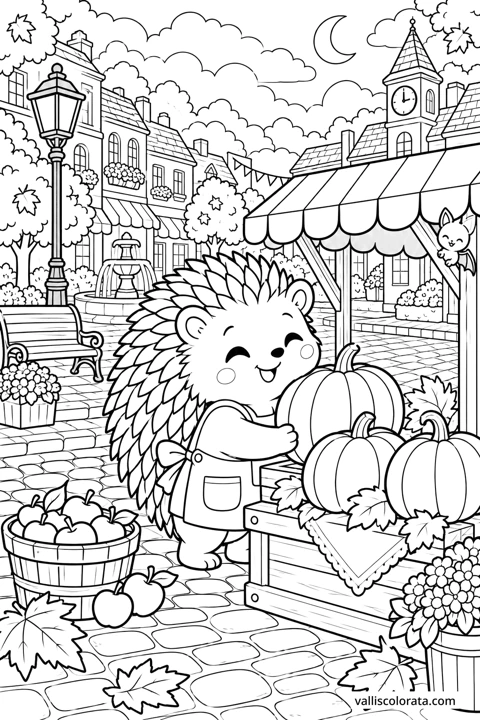 Hedgehog at the Autumn Stall. A free Kawaii L2 coloring page from the Cozy Little Town series, with a detailed scene to color. Download an A4 PDF or branded PNG.