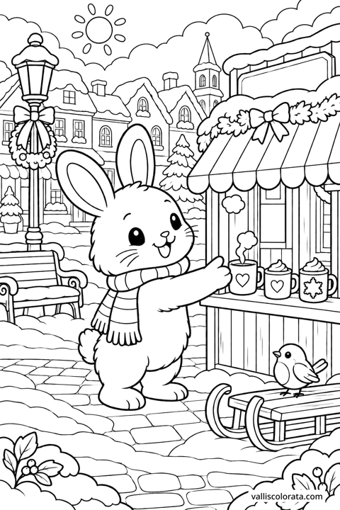 Rabbit at the Winter Cocoa Kiosk. A free Kawaii L2 coloring page from the Cozy Little Town series, with a detailed scene to color. Download an A4 PDF or branded PNG.