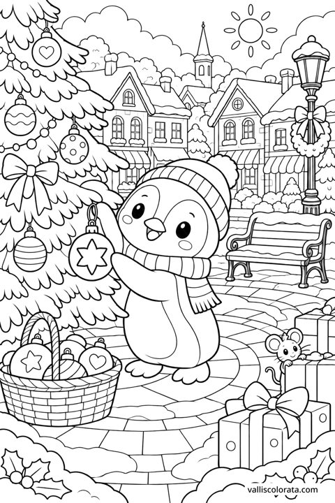 Penguin Decorates the Town Tree. A free Kawaii L2 coloring page from the Cozy Little Town series, with a detailed scene to color. Download an A4 PDF or branded PNG.