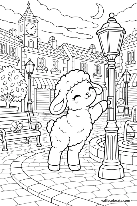 Lamb Lights the Last Streetlamp. A free Kawaii L2 coloring page from the Cozy Little Town series, with a detailed scene to color. Download an A4 PDF or branded PNG.
