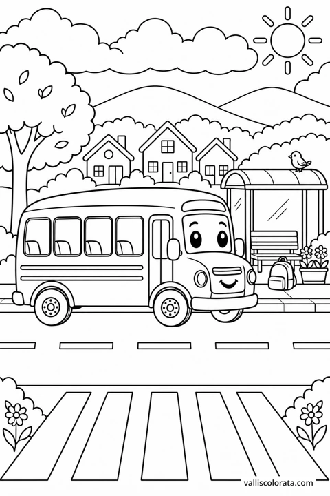 School Bus at the Morning Stop. A free Kawaii L2 coloring page from the Friendly Machines series, with a detailed scene to color. Download an A4 PDF or branded PNG.