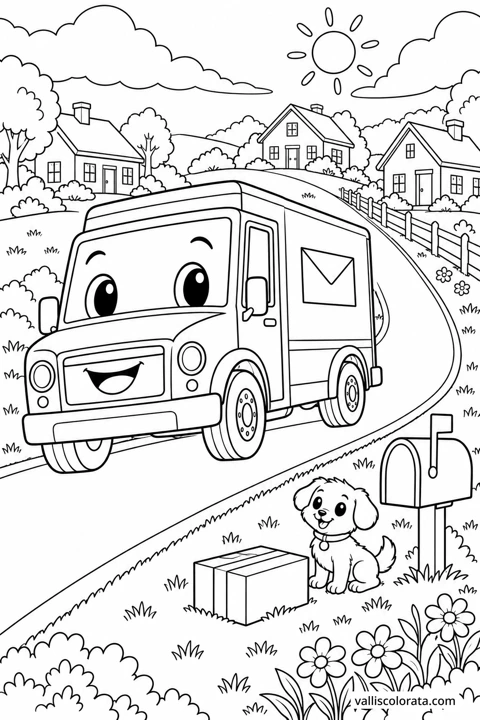 Mail Truck on the Hill. A free Kawaii L2 coloring page from the Friendly Machines series, with a detailed scene to color. Download an A4 PDF or branded PNG.