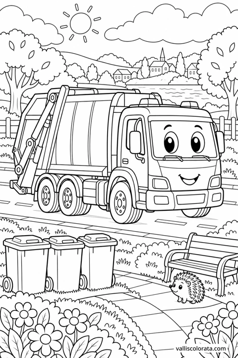 Recycling Truck by the Park. A free Kawaii L2 coloring page from the Friendly Machines series, with a detailed scene to color. Download an A4 PDF or branded PNG.