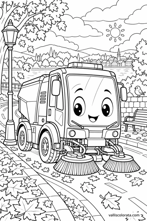Street Sweeper on Leaf Lane. A free Kawaii L2 coloring page from the Friendly Machines series, with a detailed scene to color. Download an A4 PDF or branded PNG.