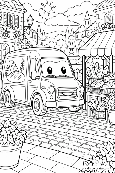 Bakery Van at the Market. A free Kawaii L2 coloring page from the Friendly Machines series, with a detailed scene to color. Download an A4 PDF or branded PNG.