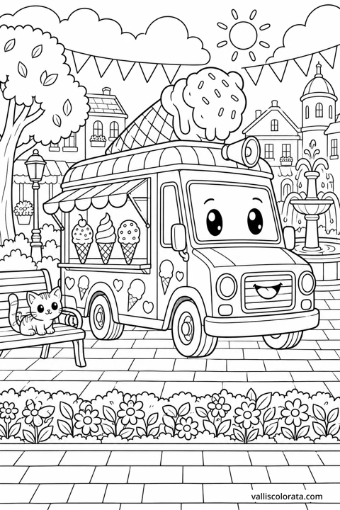 Ice Cream Truck in the Square. A free Kawaii L2 coloring page from the Friendly Machines series, with a detailed scene to color. Download an A4 PDF or branded PNG.