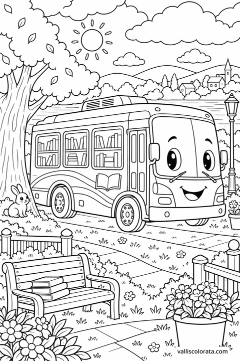 Library Bus at the Story Stop. A free Kawaii L2 coloring page from the Friendly Machines series, with a detailed scene to color. Download an A4 PDF or branded PNG.
