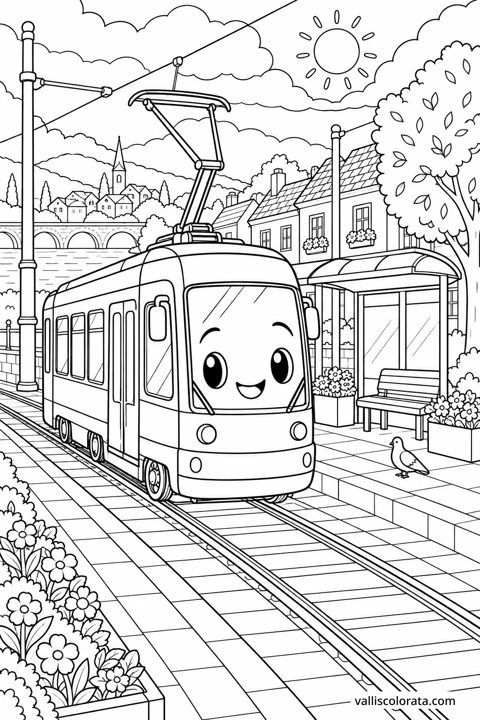 Tram on Flower Street. A free Kawaii L2 coloring page from the Friendly Machines series, with a detailed scene to color. Download an A4 PDF or branded PNG.